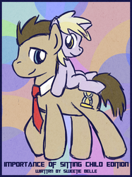 Size: 500x667 | Tagged: safe, artist:saturnspace, dinky hooves, doctor whooves, time turner, g4, book cover, dinkabetes, equestria's best father, female, filly, male, ponies riding ponies, riding, stallion