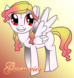 Size: 434x457 | Tagged: safe, artist:daesi, oc, oc only, oc:gwenevier, seraph, 2012, circlet, commission, folded wings, gradient background, gradient mane, gradient tail, grin, jewelry, motion lines, multiple wings, necklace, red eyes, smiling, spread wings, tail, wings