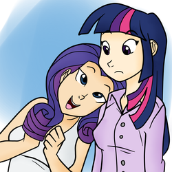 Size: 945x945 | Tagged: safe, artist:megasweet, artist:rustydooks, rarity, twilight sparkle, human, g4, my little pony: friendship is magic, the ticket master, humanized, nuzzling, scene interpretation