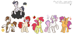 Size: 1500x701 | Tagged: dead source, safe, artist:egophiliac, apple bloom, pipsqueak, rumble, scootaloo, sweetie belle, twist, g4, adult, alternate cutie mark, bow, clothes, cloud, cutie mark crusaders, glasses, hair bow, older, on a cloud, scarf, sitting, sitting on a cloud, whistle, whistle necklace