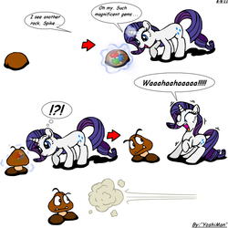 Size: 1088x1090 | Tagged: safe, artist:yoshiman1118, rarity, goomba, pony, unicorn, g4, comic, crossover, male, mario, nintendo, super mario bros., super mario galaxy, wahaha, zip lines