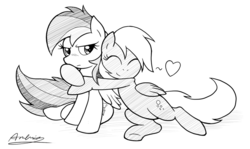 Size: 800x478 | Tagged: safe, artist:ambris, derpy hooves, rainbow dash, pegasus, pony, g4, duo, eyes closed, female, heart, hug, mare, monochrome