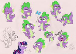 Size: 1600x1140 | Tagged: safe, artist:kukimao, spike, twilight sparkle, butterfly, dragon, pony, unicorn, g4, blushing, face down ass up, female, male, mare, tongue out