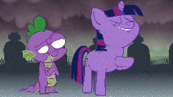 Size: 1280x720 | Tagged: safe, artist:hotdiggedydemon, spike, twilight sparkle, dragon, pony, unicorn, magic.mov, g4, animated, female, furry reminder, graveyard, horse apples, horses doing horse things, male, mare, pony.mov, poop, pooping