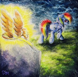 Size: 2086x2076 | Tagged: dead source, safe, artist:dimwitdog, rainbow dash, pony, g4, crying, fanfic art, female, gravestone, high res, implied death, jewelry, rain, sad, solo, tiara, traditional art