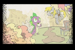 Size: 1800x1200 | Tagged: safe, artist:lentoto, derpy hooves, spike, pegasus, pony, g4, female, mare