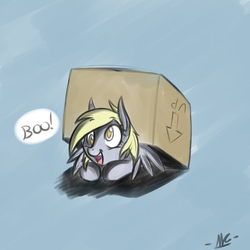 Size: 2000x2000 | Tagged: safe, artist:microgrid, derpy hooves, pegasus, pony, g4, cardboard box, female, filly, foal, high res, solo