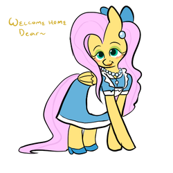Size: 450x450 | Tagged: safe, artist:mt, fluttershy, pegasus, pony, g4, blushing, bow, clothes, crossed legs, dress, ear piercing, earring, eyeshadow, female, fluttermaid, hair bow, housewife, jewelry, maid, makeup, mare, piercing, smiling, solo, stepford wife