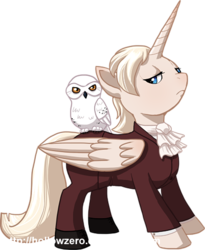 Size: 418x511 | Tagged: safe, artist:hollowzero, oc, oc only, oc:pearly gates, alicorn, owl, pony, bishonen, clothes, pet, pet oc, suit