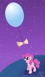 Size: 689x1160 | Tagged: safe, artist:yokokinawa, pinkie pie, earth pony, pony, g4, balloon, female, happy, letter, looking up, mare, night, scroll, stars