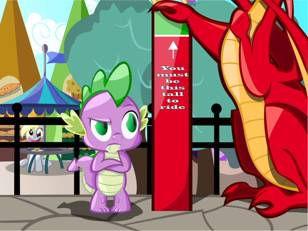 37763 - safe, artist:bronytoss, derpy hooves, spike, dragon, pegasus, pony,  g4, absurd resolution, american dragon jake long, amusement park, angry,  disappointed, female, jake long, mare - Derpibooru