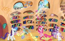 Size: 2000x1270 | Tagged: safe, artist:sameasusual, apple bloom, applejack, fluttershy, pinkie pie, rainbow dash, rarity, scootaloo, sweetie belle, trixie, twilight sparkle, g4, alternate hairstyle, cutie mark crusaders, female, flat iron, hair curlers, mane six, pinkamena diane pie