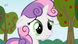 Size: 1221x687 | Tagged: safe, screencap, sweetie belle, pony, unicorn, g4, the show stoppers, apple, apple tree, ei, female, filly, floppy ears, foal, food, scrunchy face, sky, solo, tree