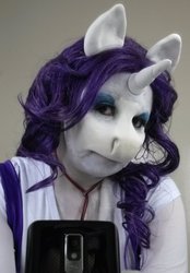 Size: 891x1280 | Tagged: safe, rarity, g4, cosplay, fursuit, irl, photo, prosthetic makeup