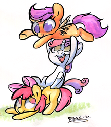 Size: 832x950 | Tagged: dead source, safe, artist:php27, apple bloom, scootaloo, sweetie belle, earth pony, pegasus, pony, unicorn, g4, apple bloom's bow, bow, cutie mark crusaders, female, grass, hair bow, scootalove, simple background, tower of pony, traditional art, trio, trio female, white background