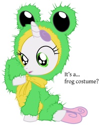 Size: 1220x1528 | Tagged: safe, artist:virgil pony, sweetie belle, frog, pony, unicorn, g4, clothes, confused, costume, female, filly, frog costume, simple background, sitting, solo, text, white background