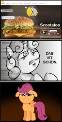 Size: 589x1152 | Tagged: safe, scootaloo, sweetie belle, pegasus, pony, unicorn, g4, burger, chicken burger, comic, crying, exploitable meme, female, filly, food, german, meme, scootaburger, scootachicken, scootaloo burger, that is beautiful