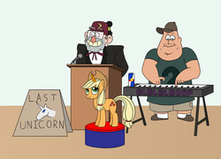Size: 900x647 | Tagged: safe, artist:scootscoots, applejack, earth pony, pony, g4, crossover, female, gravity falls, grunkle stan, headhunters, keyboard, male, mare, musical instrument, soos, the last unicorn