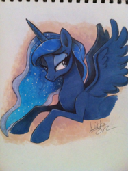 Size: 765x1024 | Tagged: dead source, safe, artist:kawaiidogarts, princess luna, pony, g4, bedroom eyes, bust, female, markers, missing accessory, prone, smiling, solo, spread wings, traditional art