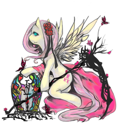 Size: 600x600 | Tagged: safe, artist:sjui00, fluttershy, butterfly, pegasus, semi-anthro, anatomically incorrect, birdcage, blade, branches, female, flower, flower in hair, incorrect leg anatomy, looking at you, ribbon, rose, scythe, solo, stained glass