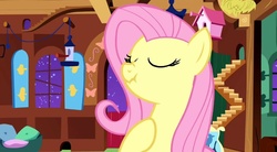 Size: 848x467 | Tagged: safe, screencap, fluttershy, g4, my little pony: friendship is magic, stare master, scrunchy face