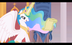 Size: 1024x640 | Tagged: safe, screencap, princess celestia, alicorn, pony, g4, my little pony: friendship is magic, secret of my excess, female, mare, solo, youtube caption