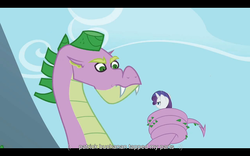 Size: 1024x640 | Tagged: safe, edit, edited screencap, screencap, rarity, spike, dragon, pony, unicorn, g4, secret of my excess, caption, female, innuendo, male, mare, pat buchanan, spikezilla, youtube caption