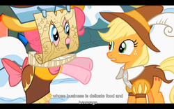 Size: 1024x640 | Tagged: safe, screencap, applejack, chancellor puddinghead, pinkie pie, smart cookie, earth pony, g4, hearth's warming eve (episode), duo, duo female, female, hearth's warming eve, map, youtube caption