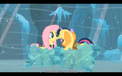 Size: 1024x640 | Tagged: safe, screencap, applejack, clover the clever, fluttershy, private pansy, smart cookie, twilight sparkle, g4, hearth's warming eve (episode), appletwishy, hearth's warming eve, youtube caption