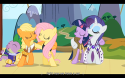 Size: 1024x640 | Tagged: safe, edit, edited screencap, screencap, applejack, clover the clever, fluttershy, princess platinum, private pansy, rarity, smart cookie, spike, twilight sparkle, dragon, earth pony, pony, unicorn, g4, hearth's warming eve (episode), caption, eyes closed, female, hearth's warming eve, male, mare, youtube caption