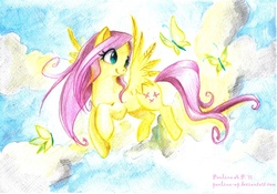 Size: 1200x840 | Tagged: safe, artist:paulina-ap, fluttershy, butterfly, pony, g4, animal, cloud, cloudy, female, flying, solo, traditional art