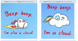 Size: 537x288 | Tagged: safe, rainbow dash, scootaloo, derpibooru, g4, beep beep, cloud, exploitable meme, female, juxtaposition, juxtaposition win, meta