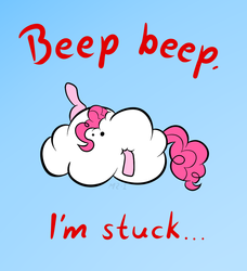 Size: 1128x1236 | Tagged: safe, artist:mr-1, pinkie pie, earth pony, pony, g4, beep beep, cloud, female, how, pinkie being pinkie, pinkie physics, solo, stuck, stuck in a cloud