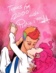 Size: 700x900 | Tagged: safe, artist:scorpiordinance, pinkie pie, rainbow dash, human, ask human pinkie pie and rainbow dash, g4, female, humanized, kissing, lesbian, ship:pinkiedash, shipping