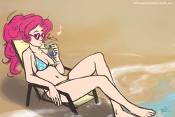 Size: 1200x800 | Tagged: safe, artist:scorpiordinance, pinkie pie, human, ask human pinkie pie and rainbow dash, g4, beach, belly button, bikini, clothes, humanized, swimsuit