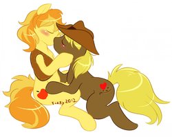 Size: 1280x1018 | Tagged: safe, artist:tizzy, braeburn, oc, earth pony, pony, g4, anatomically incorrect, blushing, canon x oc, cute, duo, eyes closed, gay, hug, incorrect leg anatomy, kiss on the lips, kissing, male, shipping, simple background, sitting, stallion, white background