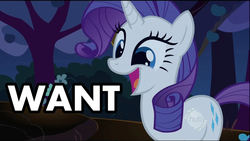 Size: 1920x1080 | Tagged: safe, rarity, pony, g4, caption, happy, image macro, one word, smiling, solo, text, want