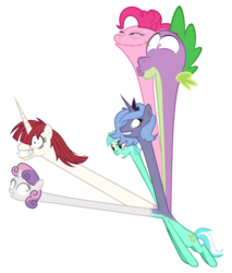 Size: 1768x2079 | Tagged: safe, lyra heartstrings, pinkie pie, princess luna, spike, sweetie belle, oc, oc:fausticorn, chimera, hydra pony, g4, abomination, body horror, derp, faic, lauren faust, long neck, lunaughty, multiple heads, mutant, necc, nightmare fuel, nope, s1 luna, simple background, six heads, transparent background, wat, we have become one, what has science done, why, wtf, you need me