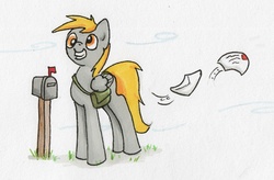 Size: 1013x666 | Tagged: safe, artist:shieltar, derpy hooves, pegasus, pony, g4, female, mail, mailbox, mare, solo, traditional art