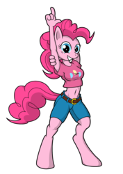 Size: 800x1131 | Tagged: safe, artist:sonicpegasus, pinkie pie, earth pony, anthro, unguligrade anthro, g4, clothes, female, midriff, shirt, shorts, simple background, skinny, solo, stretching, t-shirt, thin, transparent background