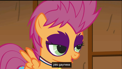 Size: 683x384 | Tagged: safe, screencap, scootaloo, pegasus, pony, g4, the show stoppers, female, filly, foal, gayness, implied gay, lidded eyes, medallion, solo, text, youtube caption