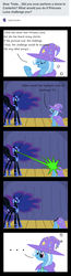 Size: 872x3347 | Tagged: safe, artist:evil-dec0y, nightmare moon, trixie, alicorn, pony, unicorn, comic:trixie vs., g4, cape, clothes, comic, duo, duo female, eye beams, female, hat, mare, thought bubble, trixie's cape, trixie's hat, tumblr