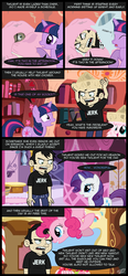 Size: 650x1400 | Tagged: safe, artist:mixermike622, pinkie pie, rarity, twilight sparkle, oc, oc:fluffle puff, human, g4, comic, crossover, dan, dan vs, dan vs fim