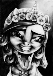 Size: 2276x3289 | Tagged: safe, artist:carlotta-guidicelli, queen chrysalis, g4, bedroom eyes, clothes, dress, fake cadance, female, flower, flower in hair, frown, grayscale, grin, high res, monochrome, nightmare fuel, pencil drawing, smiling, smirk, solo, traditional art, uncanny valley