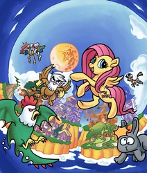 Size: 3555x4200 | Tagged: safe, artist:docwario, fluttershy, gilda, princess celestia, trixie, zecora, cockatrice, griffon, pony, rabbit, robot, zebra, g4, box art, building, castle, game cover, hack, mario, moon, nintendo, parody, style emulation, super fluttershy land 2, super mario bros., super mario land, super mario land 2: the six golden coins, video game, village