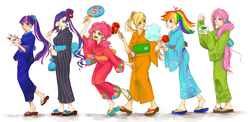 Size: 2667x1298 | Tagged: safe, artist:mamo, applejack, fluttershy, pinkie pie, rainbow dash, rarity, twilight sparkle, fish, g4, anklet, apple, caramel apple (food), caramel flavouring, clothes, cotton candy, dress, feet, female, food, humanized, japanese, kimono (clothing), mane six, sandals, yukata