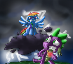 Size: 842x745 | Tagged: safe, artist:supersheep64, rainbow dash, spike, dragon, pegasus, pony, g4, abuse, angry, cloud, cloudy, element of loyalty, female, gritted teeth, lightning, mare, new rainbow dash, spikeabuse, spread wings, wings