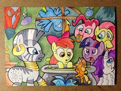 Size: 800x600 | Tagged: safe, artist:shuffle001, apple bloom, applejack, fluttershy, pinkie pie, rainbow dash, rarity, twilight sparkle, zecora, earth pony, pegasus, pony, unicorn, zebra, bridle gossip, g4, cauldron, female, filly, mane six, mare, micro, traditional art