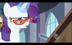 Size: 1680x1050 | Tagged: safe, screencap, rarity, pony, g4, sweet and elite, female, glasses, hub logo, rarity's glasses, solo, youtube caption