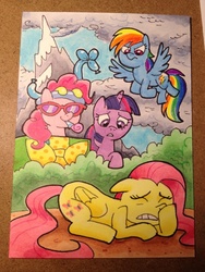 Size: 900x1200 | Tagged: safe, artist:shuffle001, fluttershy, pinkie pie, rainbow dash, twilight sparkle, earth pony, pegasus, pony, unicorn, dragonshy, g4, female, mare, traditional art, unicorn twilight